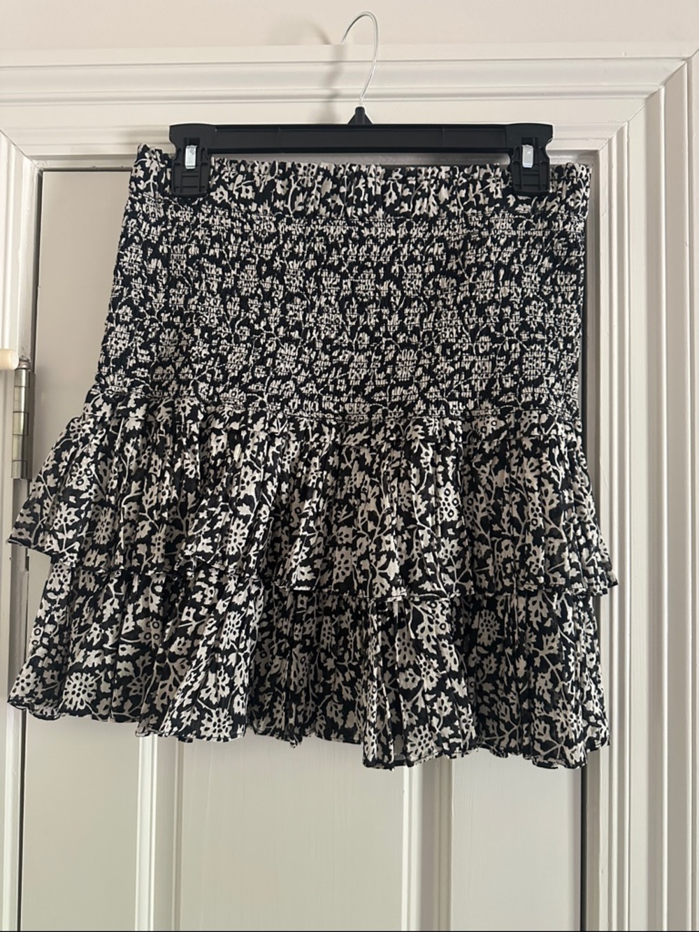 Isabel Marant Black and White Floral Smocked Tiered Mini Skirt